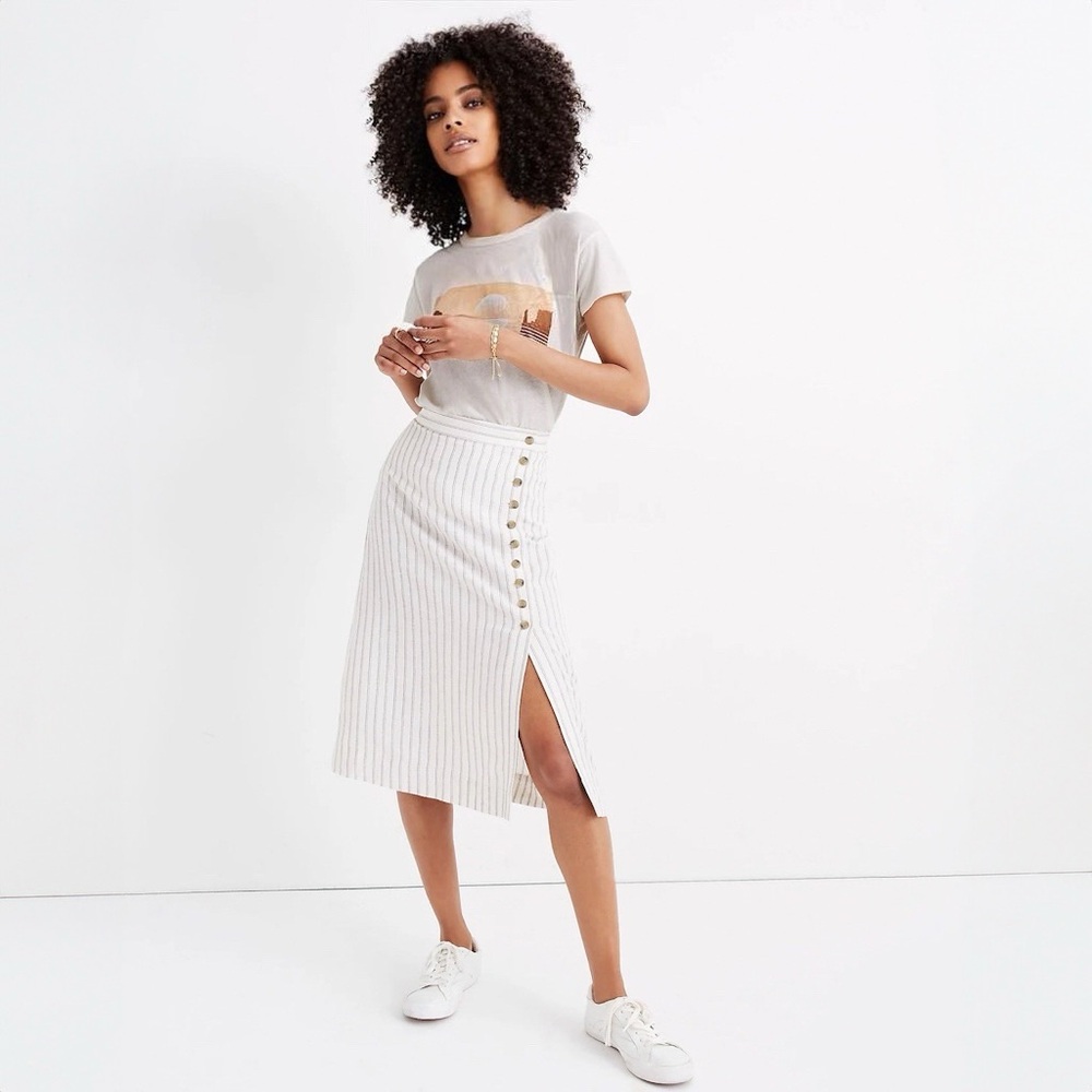 Madewell Side-Button Midi Skirt in Pinstripe - Trouser Stp Sunfaded Indigo NWOT